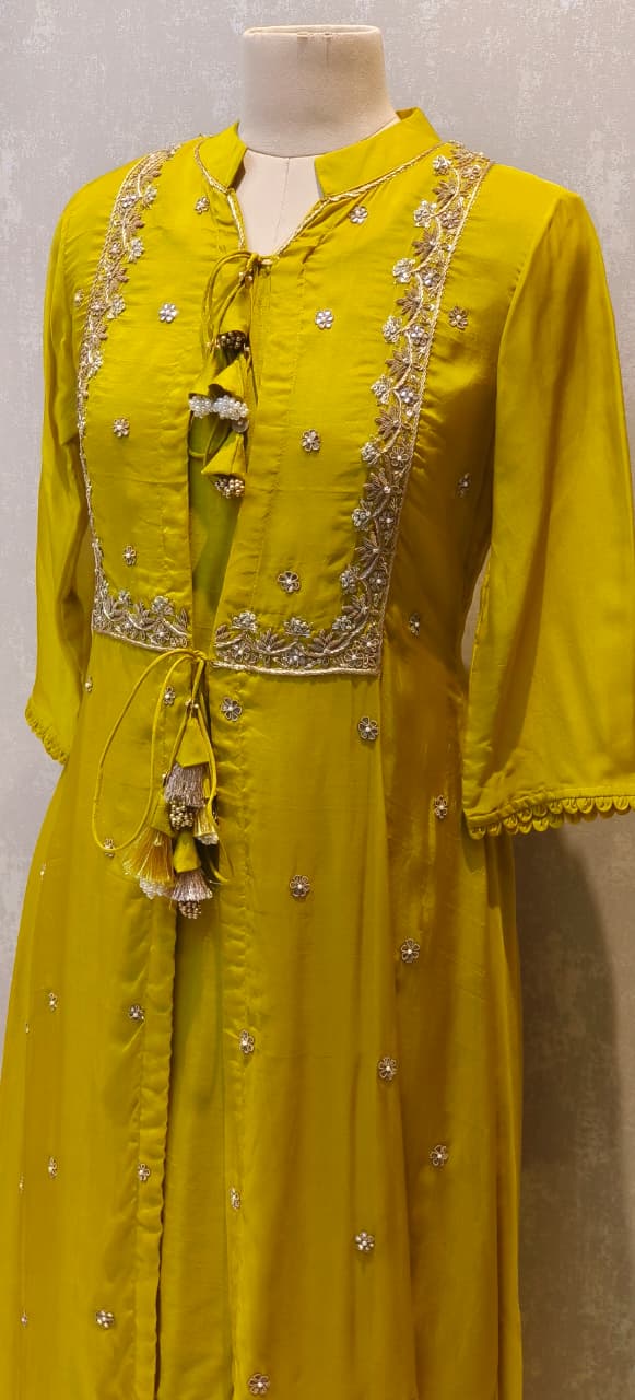 Co-Ordinated Neck Line Pearl Tassel Fronted Slitted Long Organza Outer With Kurta Pant Set In Silk Fabric- 12776, 12775, 12774