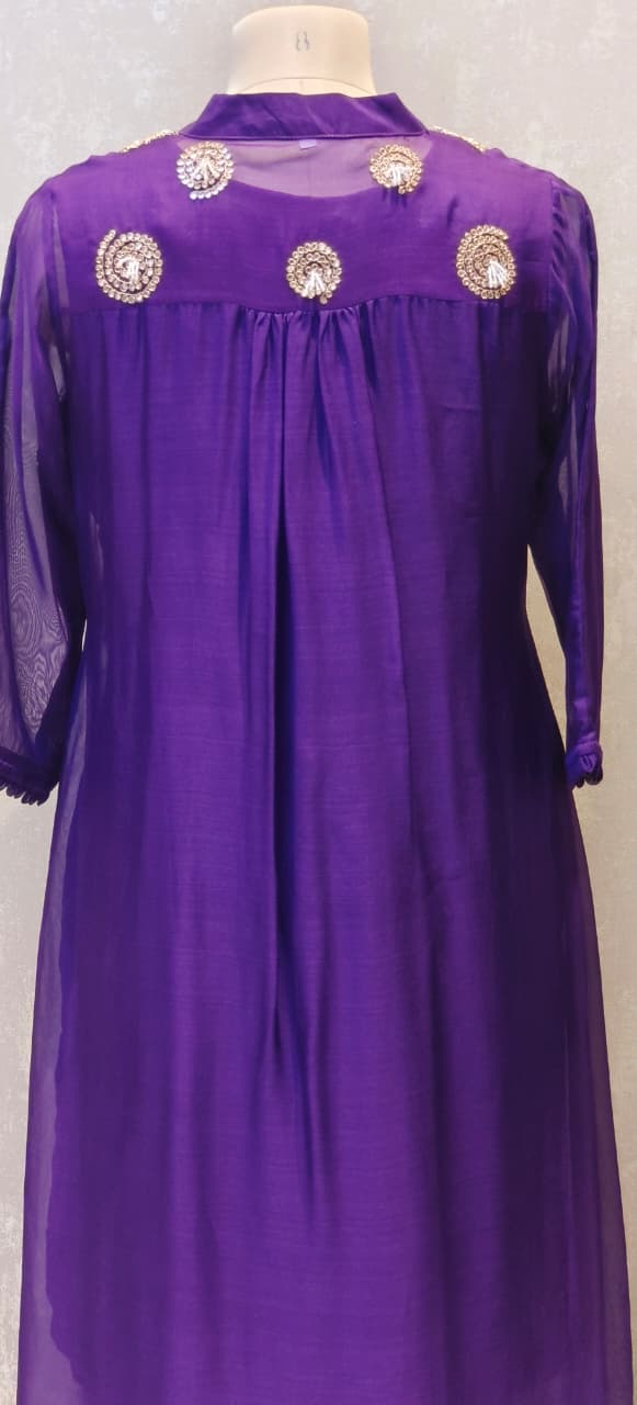 Co-Ordinated Neck Line Pearl Tassel Fronted Slitted Long Organza Outer With Kurta Pant Set In Silk Fabric- 12776, 12775, 12774