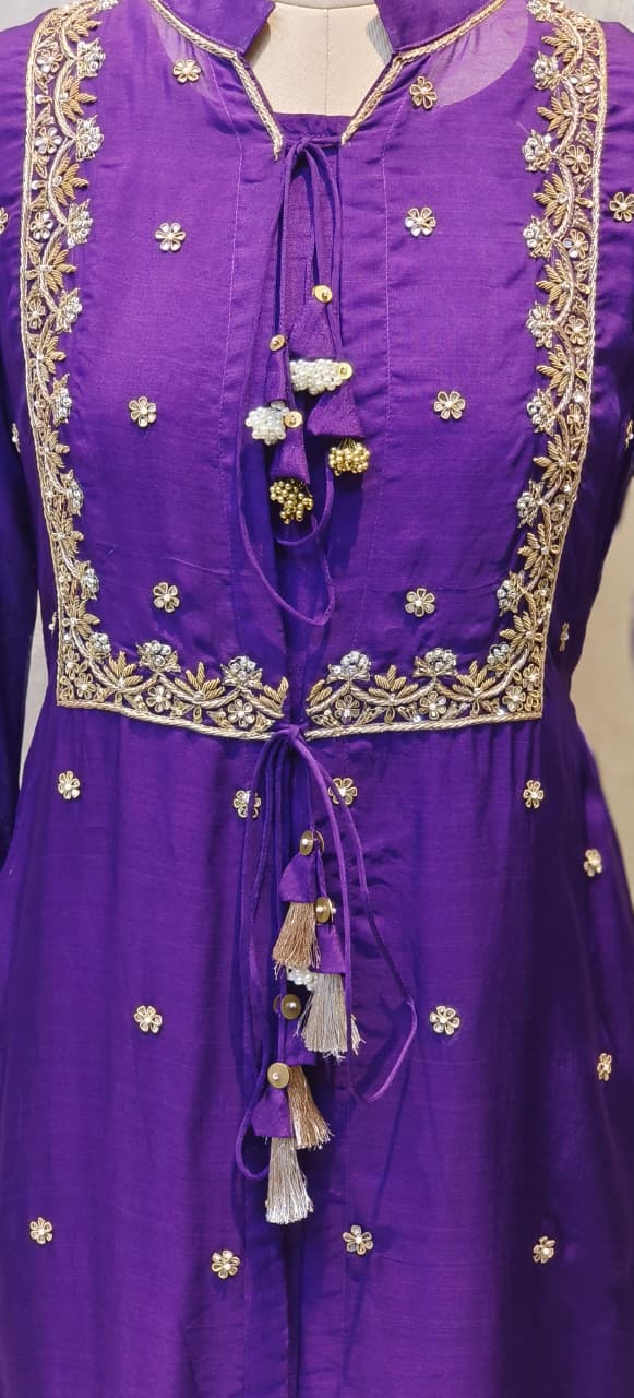 Co-Ordinated Neck Line Pearl Tassel Fronted Slitted Long Organza Outer With Kurta Pant Set In Silk Fabric- 12776, 12775, 12774