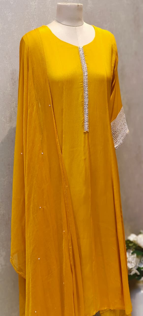 Chinon Anarkali Tiny Shimmery Sequin Work In Neck & Sleeve Borders Full Suit Set With Dupatta