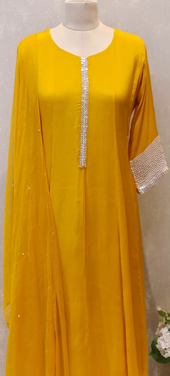 Chinon Anarkali Tiny Shimmery Sequin Work In Neck & Sleeve Borders Full Suit Set With Dupatta