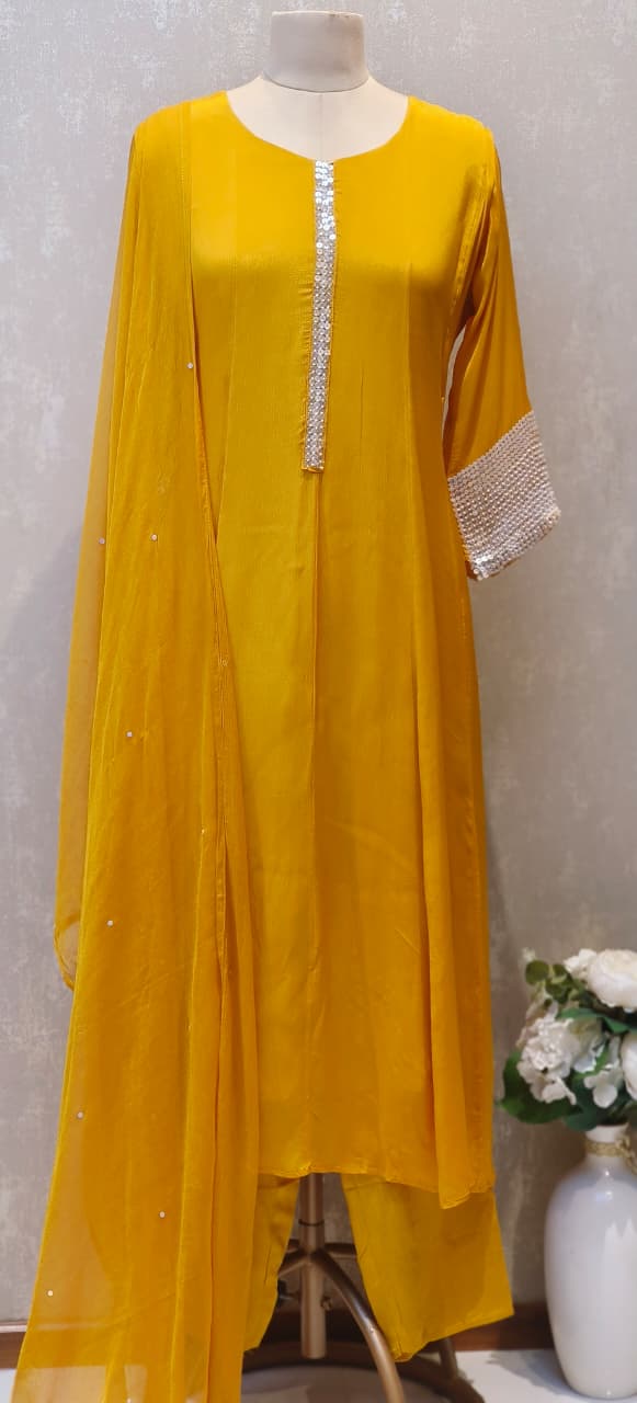 Chinon Anarkali Tiny Shimmery Sequin Work In Neck & Sleeve Borders Full Suit Set With Dupatta