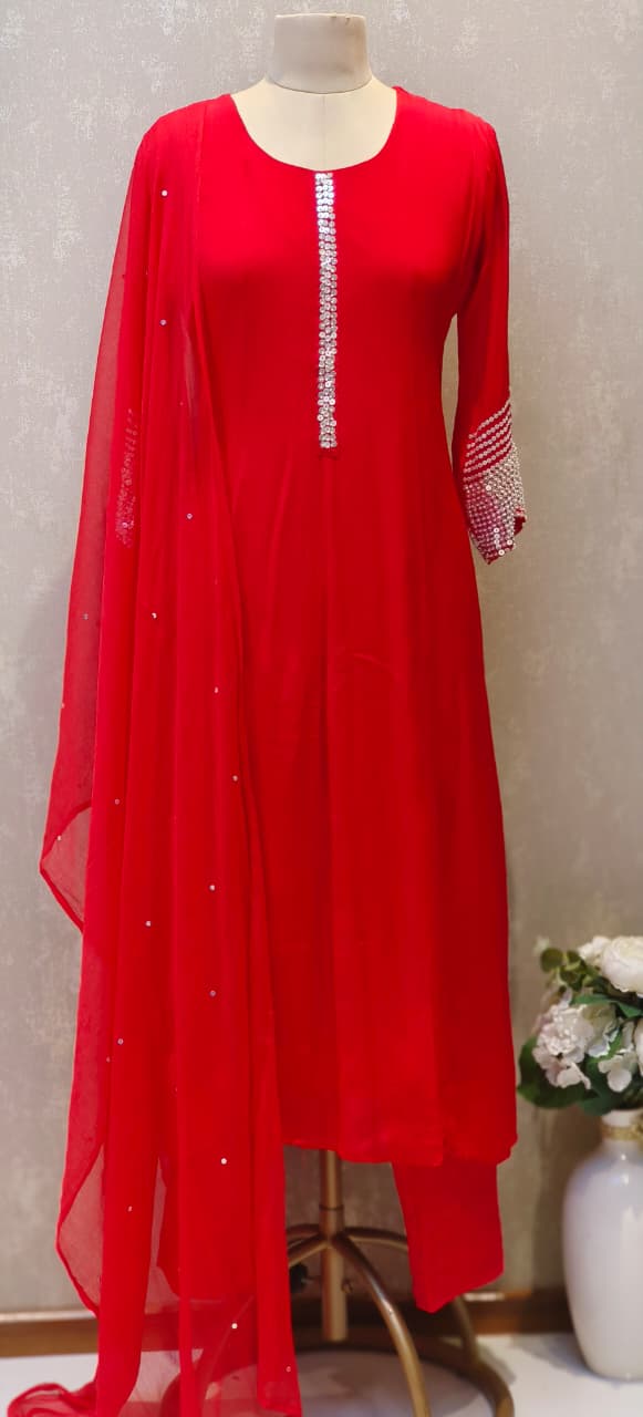 Chinon Anarkali Tiny Shimmery Sequin Work In Neck & Sleeve Borders Full Suit Set With Dupatta