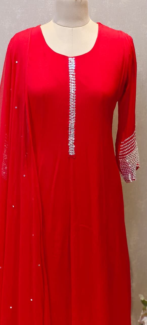 Chinon Anarkali Tiny Shimmery Sequin Work In Neck & Sleeve Borders Full Suit Set With Dupatta