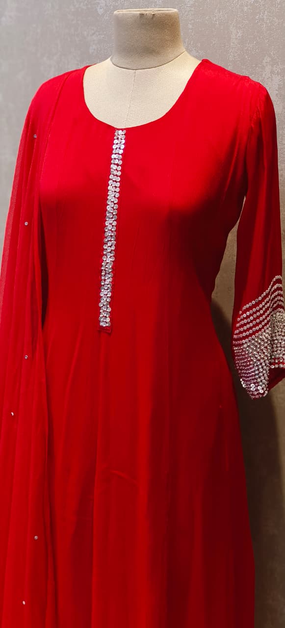 Chinon Anarkali Tiny Shimmery Sequin Work In Neck & Sleeve Borders Full Suit Set With Dupatta