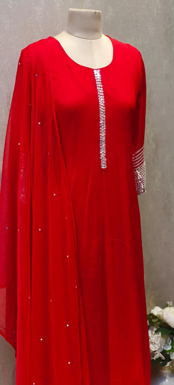 Chinon Anarkali Tiny Shimmery Sequin Work In Neck & Sleeve Borders Full Suit Set With Dupatta