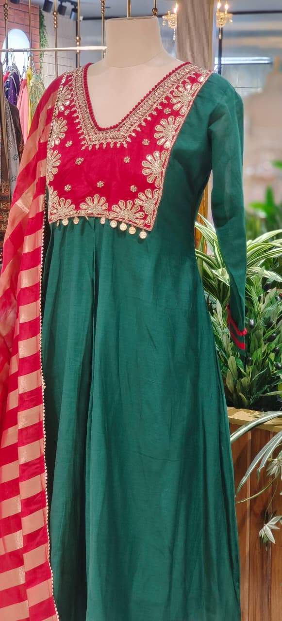 Mulchanderi Zarina Coin Tasseled Yoke A-Line Full Suit Set With Golden Striped Tissue Dupatta- 12875