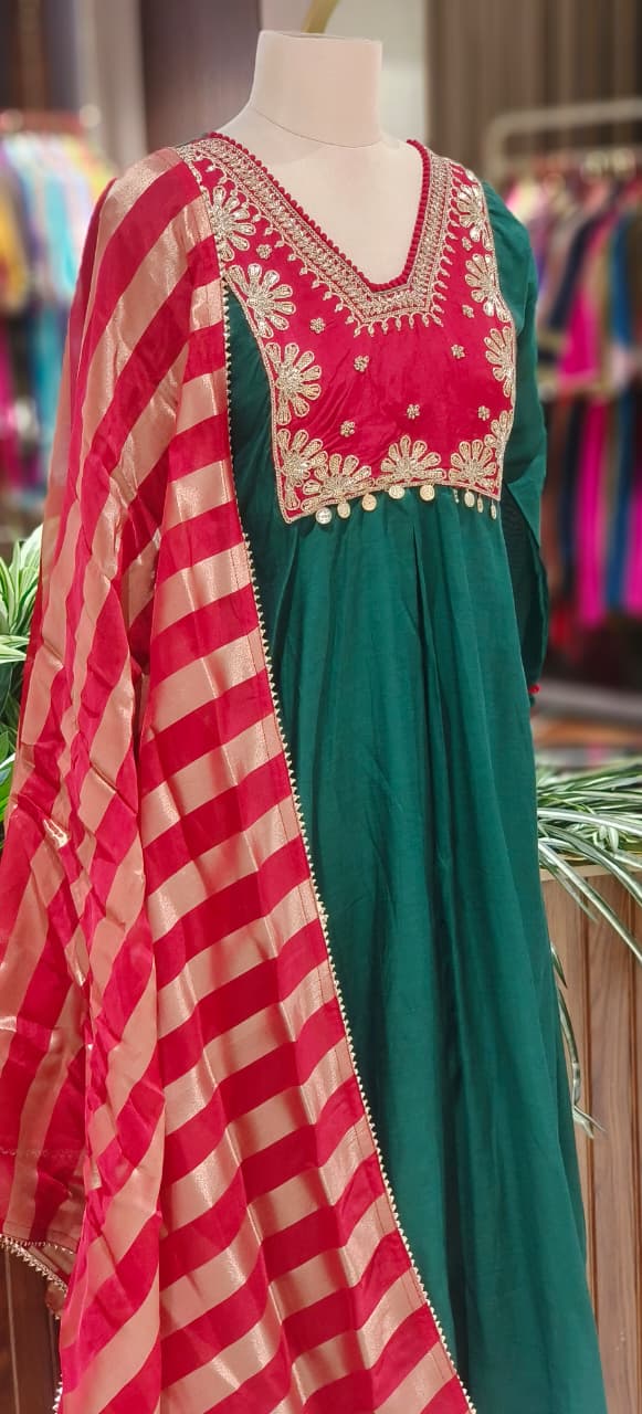 Mulchanderi Zarina Coin Tasseled Yoke A-Line Full Suit Set With Golden Striped Tissue Dupatta- 12875