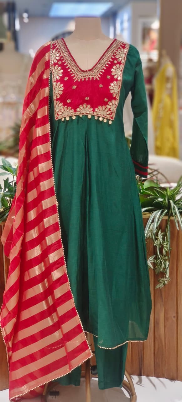 Mulchanderi Zarina Coin Tasseled Yoke A-Line Full Suit Set With Golden Striped Tissue Dupatta- 12875