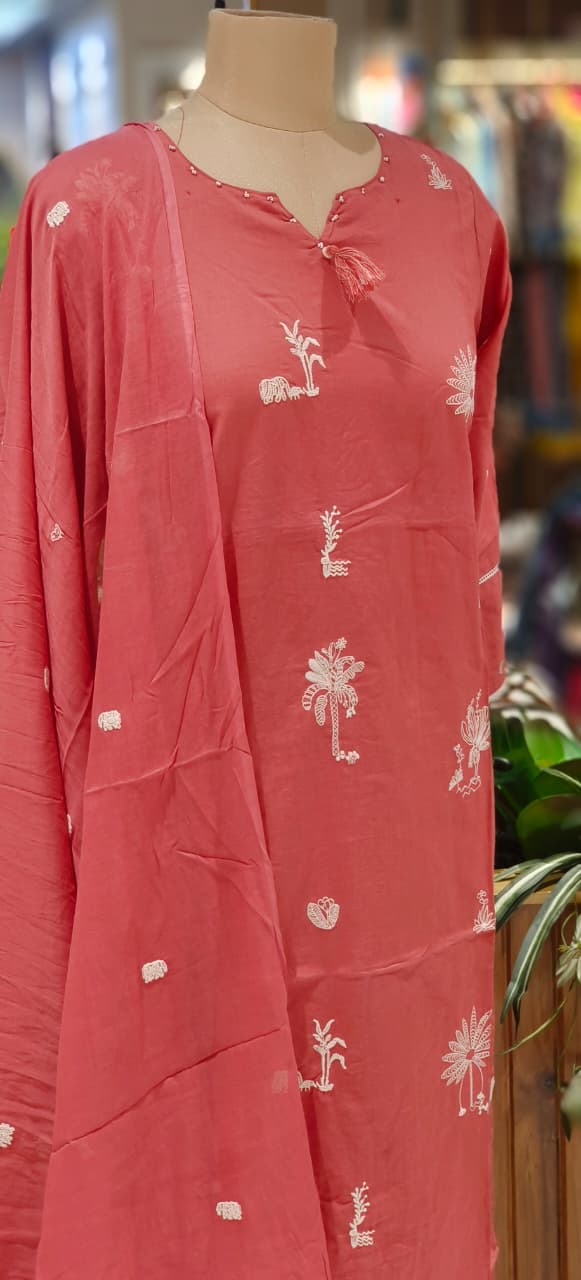 Tree Thread Embroidered Unique Neck Line Solid Cotton Full Suit Set With Dupatta