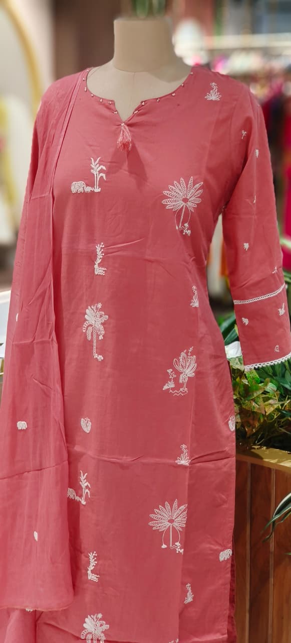 Tree Thread Embroidered Unique Neck Line Solid Cotton Full Suit Set With Dupatta