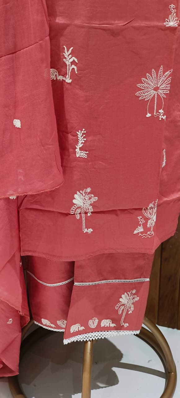 Tree Thread Embroidered Unique Neck Line Solid Cotton Full Suit Set With Dupatta