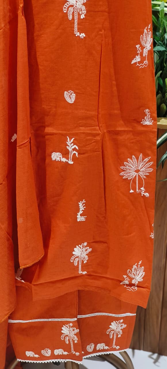 Tree Thread Embroidered Unique Neck Line Solid Cotton Full Suit Set With Dupatta