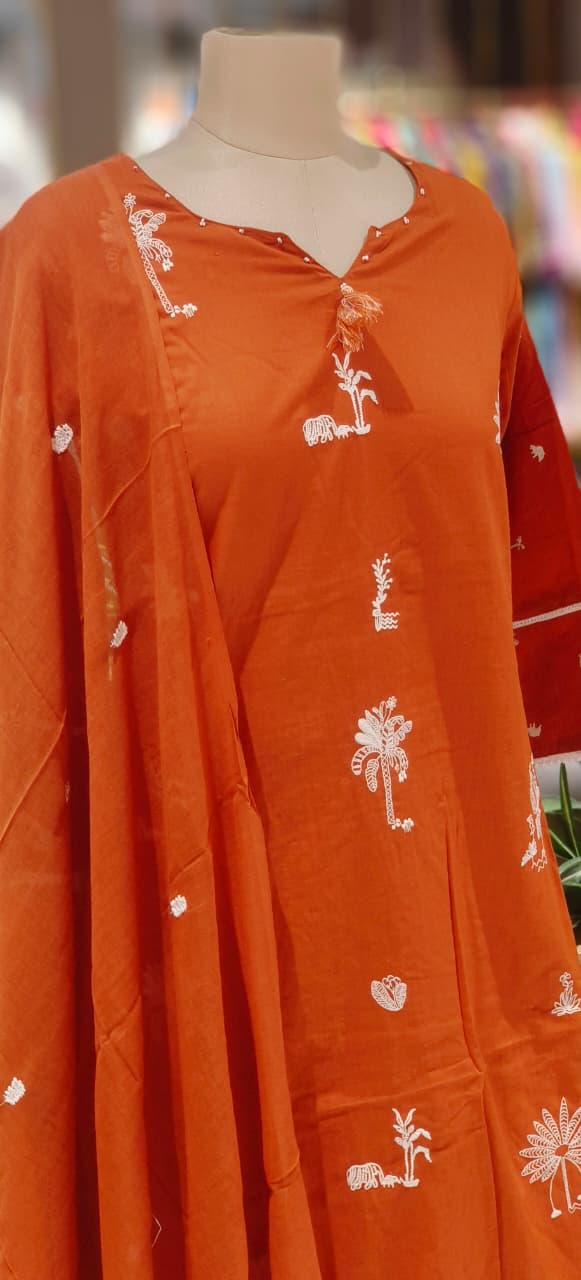 Tree Thread Embroidered Unique Neck Line Solid Cotton Full Suit Set With Dupatta