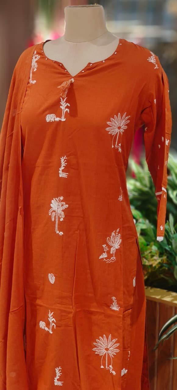 Tree Thread Embroidered Unique Neck Line Solid Cotton Full Suit Set With Dupatta