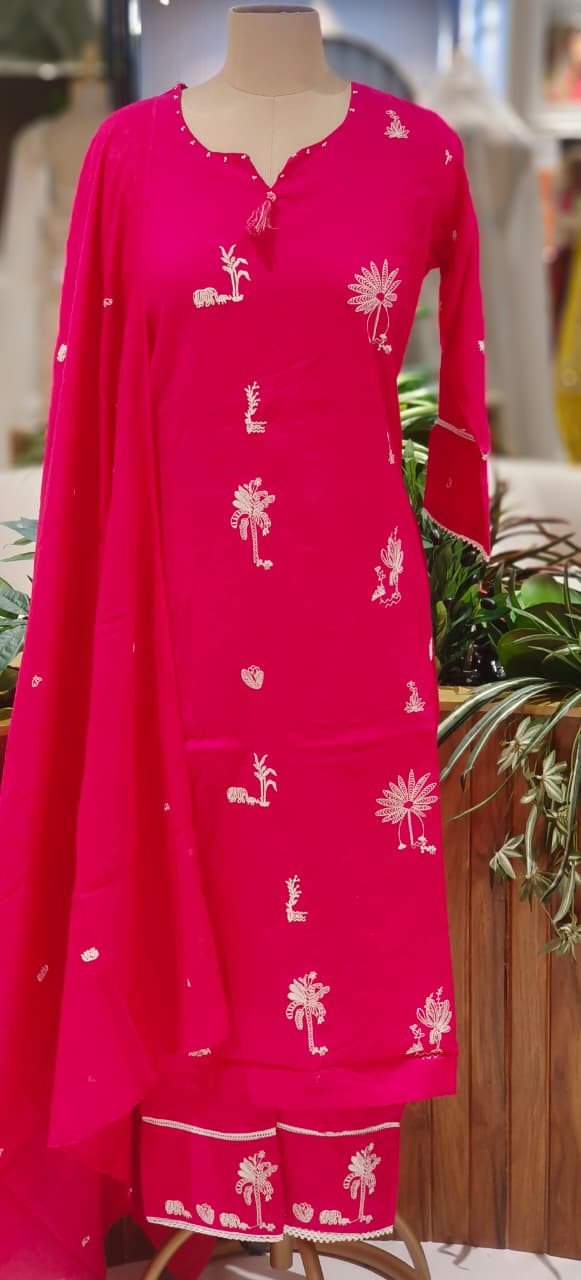Tree Thread Embroidered Unique Neck Line Solid Cotton Full Suit Set With Dupatta