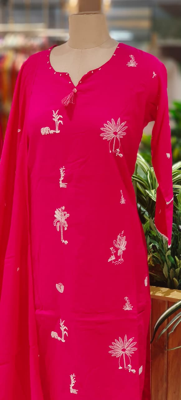 Tree Thread Embroidered Unique Neck Line Solid Cotton Full Suit Set With Dupatta