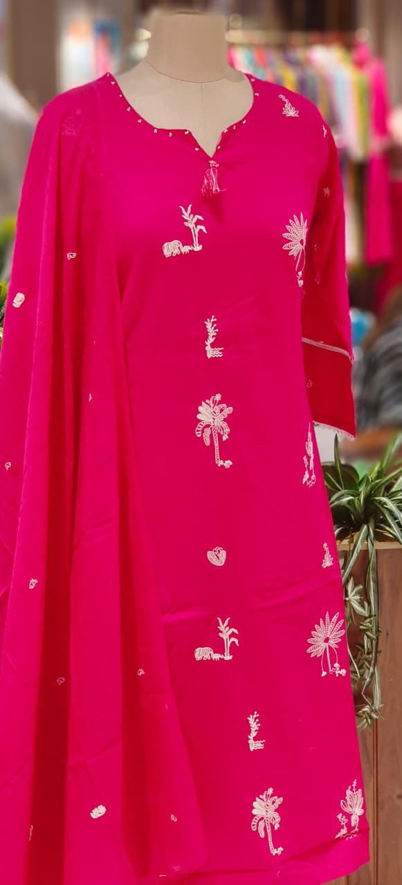 Tree Thread Embroidered Unique Neck Line Solid Cotton Full Suit Set With Dupatta