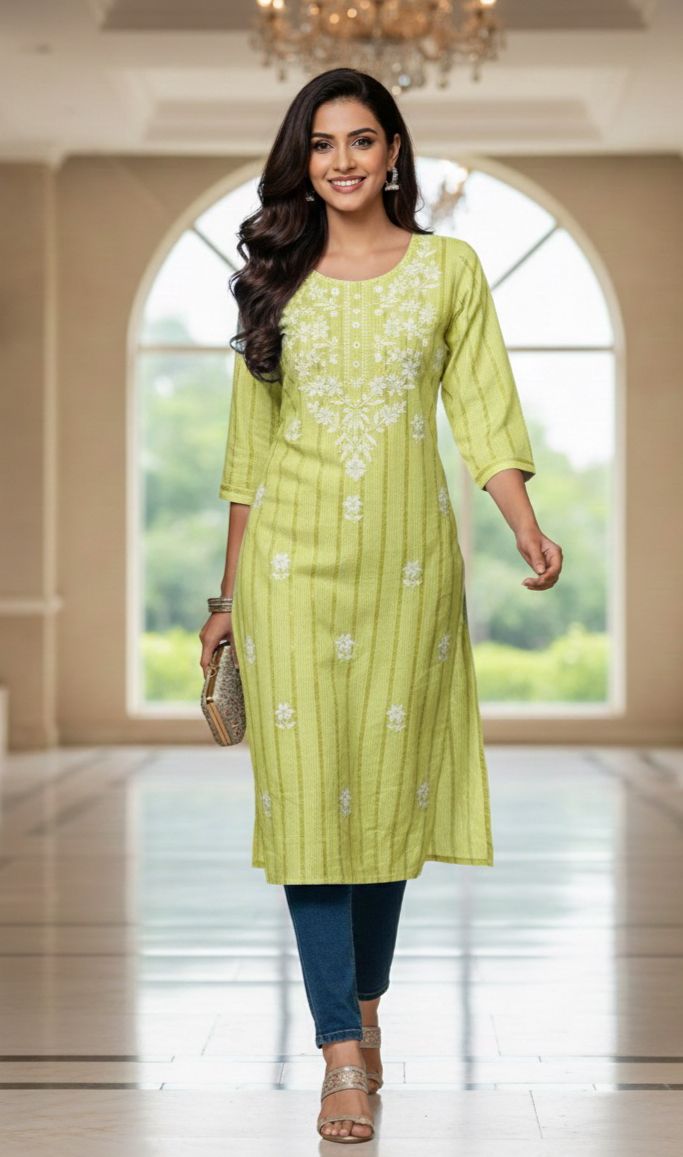 Daily Wear Comfort Fit Elegant Striped Cotton Kurti with Intricate Thread Embroidery