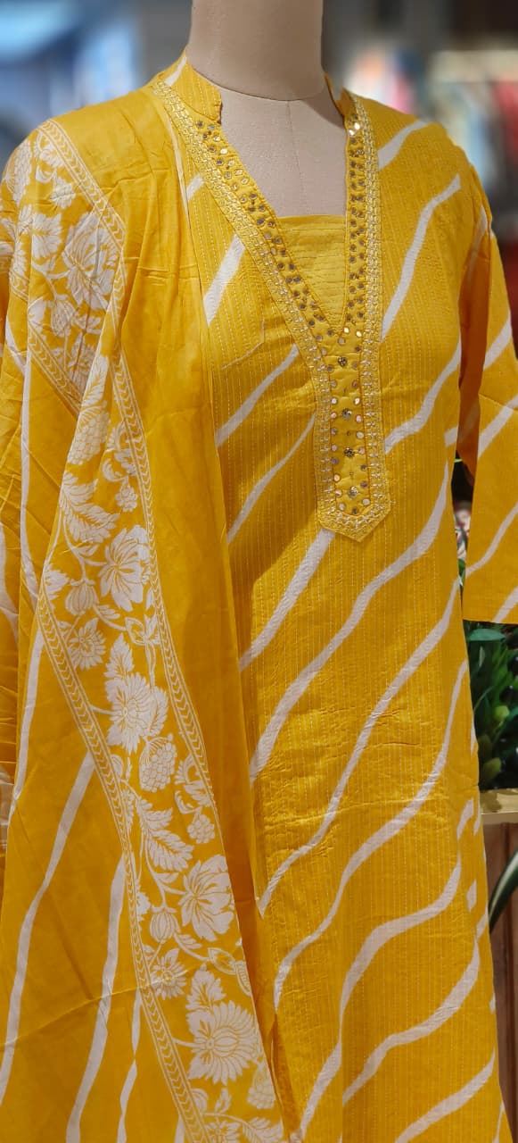 Lehriya Printex Cotton Bright Stripe Kurta Set with Floral Pant and Printed Border Dupatta