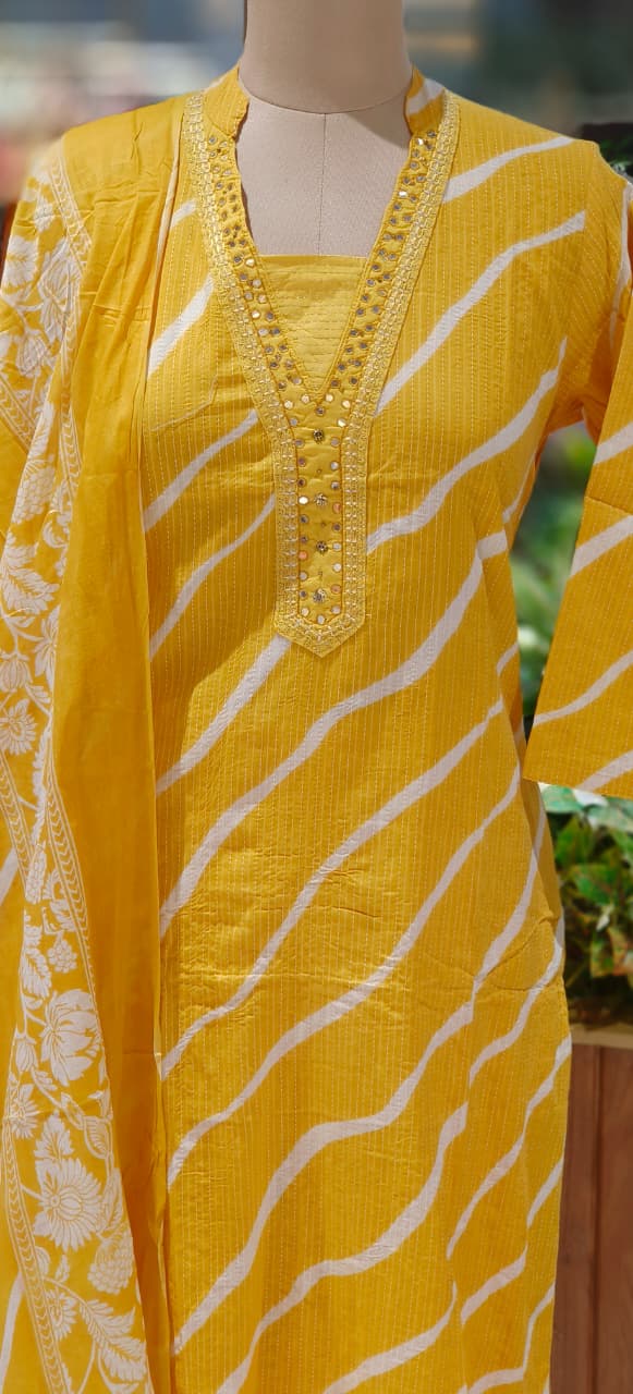 Lehriya Printex Cotton Bright Stripe Kurta Set with Floral Pant and Printed Border Dupatta