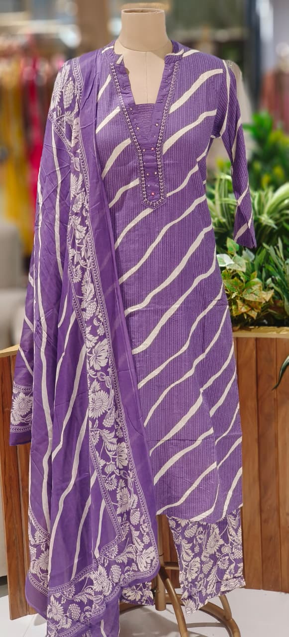 Lehriya Printex Cotton Bright Stripe Kurta Set with Floral Pant and Printed Border Dupatta