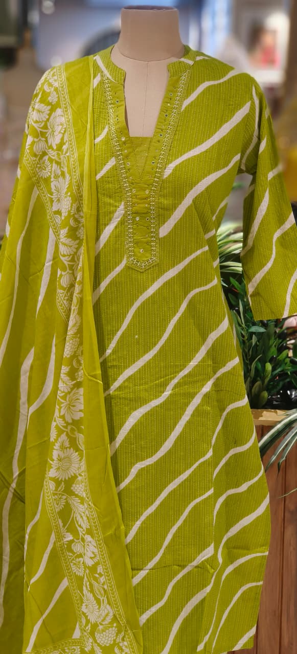 Lehriya Printex Cotton Bright Stripe Kurta Set with Floral Pant and Printed Border Dupatta