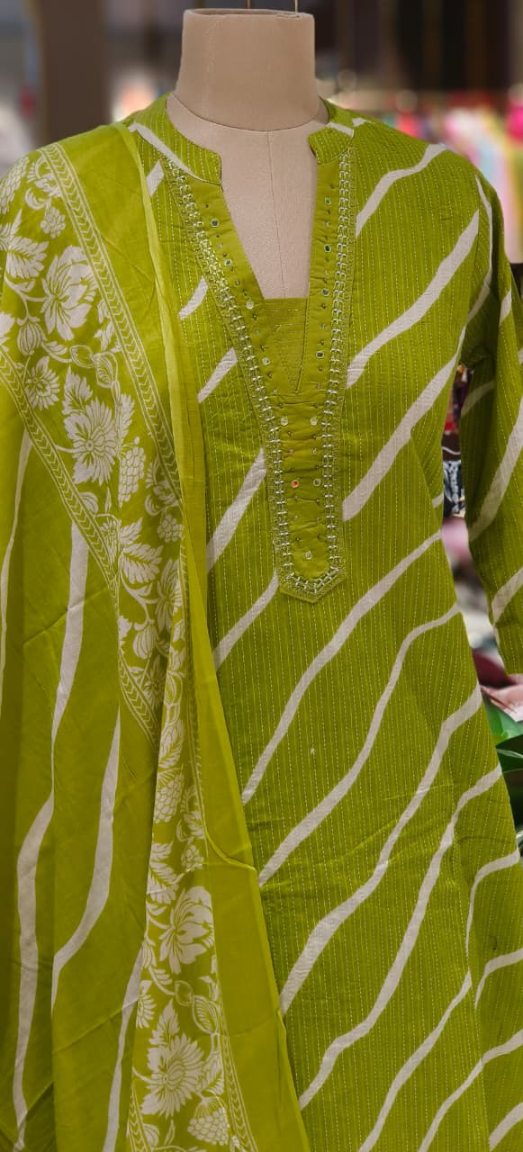 Lehriya Printex Cotton Bright Stripe Kurta Set with Floral Pant and Printed Border Dupatta