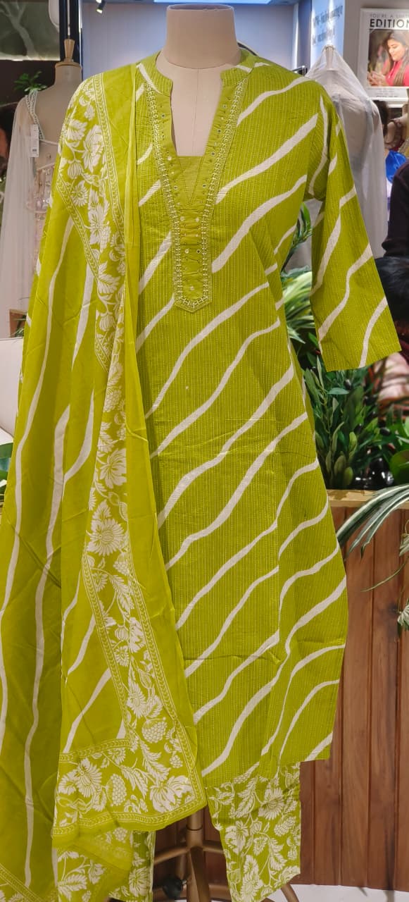 Lehriya Printex Cotton Bright Stripe Kurta Set with Floral Pant and Printed Border Dupatta