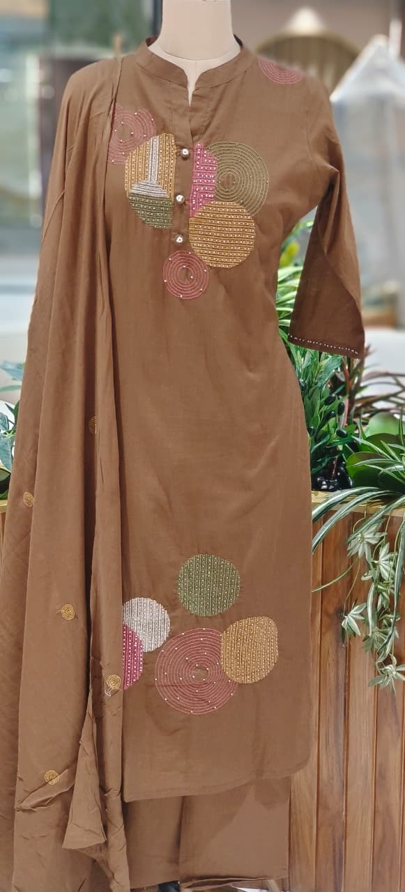 Elegant Cotton Suit Set with Multi-Coloured Circle Embroidery & Matching Dupatta and Bottom