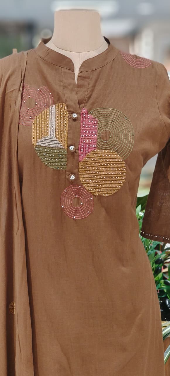 Elegant Cotton Suit Set with Multi-Coloured Circle Embroidery & Matching Dupatta and Bottom