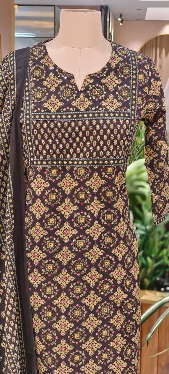 Soft Cotton Black & Gold Printed Suit Set with Traditional Patterns, Straight Kurta & Matching Bottom