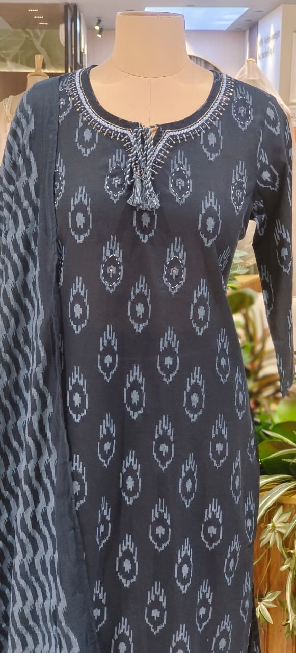 Breathable Cotton Ikat Print Straight Kurta Set with Matching Bottoms & Dupatta