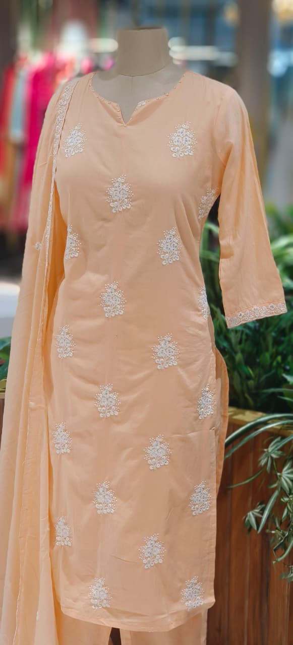 Peach shade Cotton Embroidered Kurta Pant Dupatta Set with Soft Shine & Minimal Motif Detailing