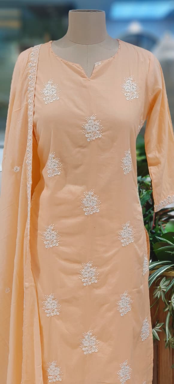 Peach shade Cotton Embroidered Kurta Pant Dupatta Set with Soft Shine & Minimal Motif Detailing