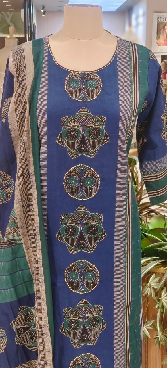 Elegant Pure Cotton Navy Kurta Pant Dupatta Set Featuring Traditional Prints & Soft Comfortable Fabric