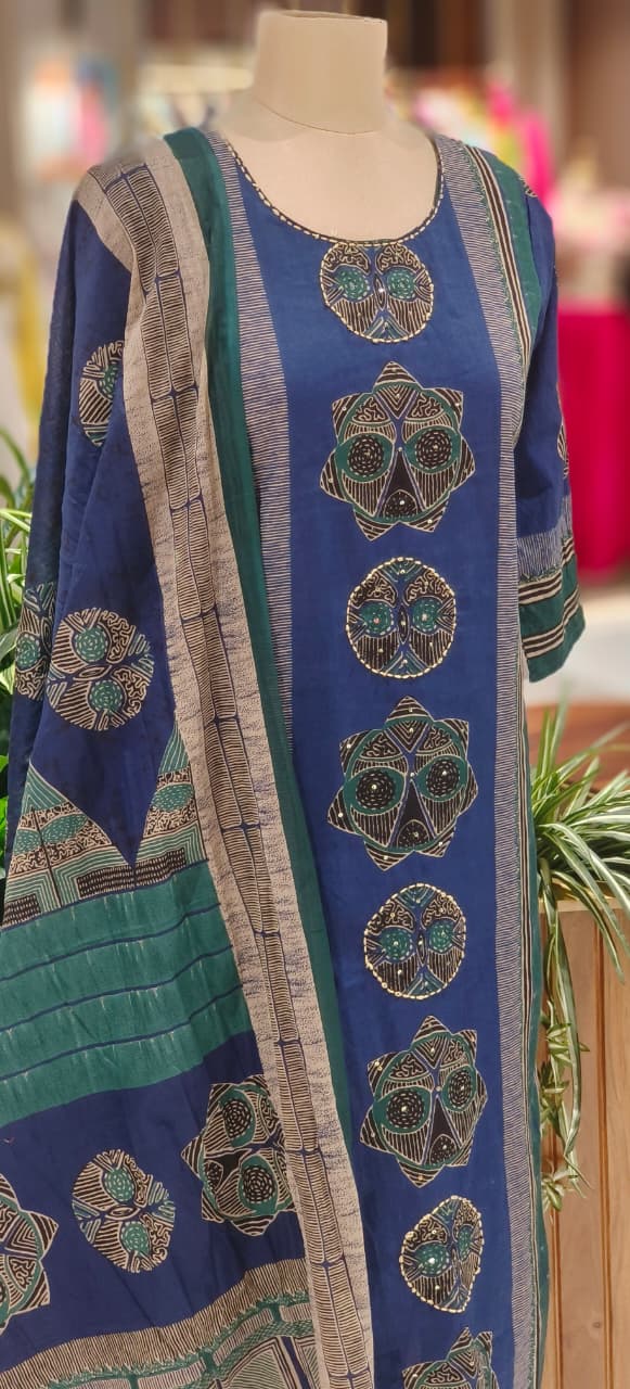 Elegant Pure Cotton Navy Kurta Pant Dupatta Set Featuring Traditional Prints & Soft Comfortable Fabric