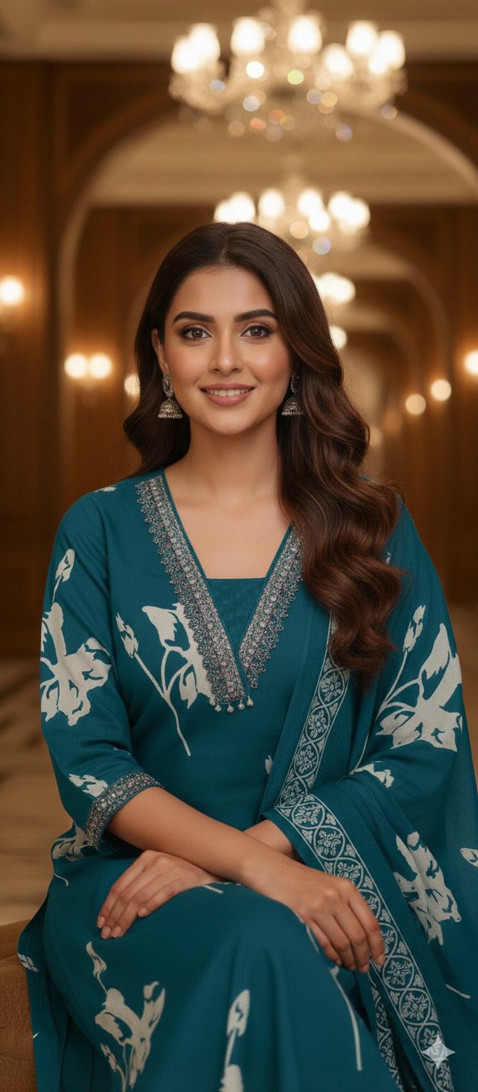 Trendy Botanical Print Three-Piece Suit Set with Elegant Neck Work & Matching Dupatta And Bottom