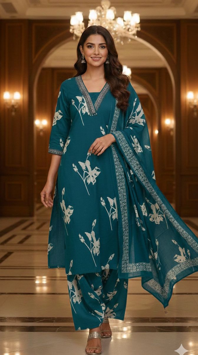 Trendy Botanical Print Three-Piece Suit Set with Elegant Neck Work & Matching Dupatta And Bottom