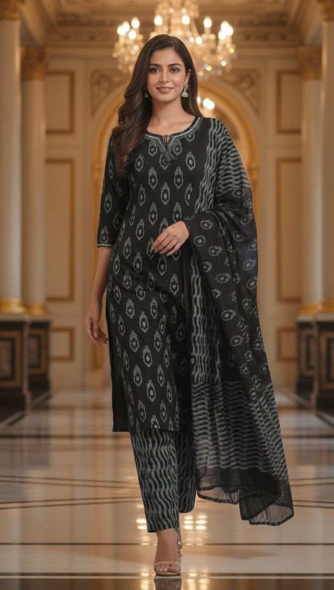 Breathable Cotton Ikat Print Straight Kurta Set with Matching Bottoms & Dupatta