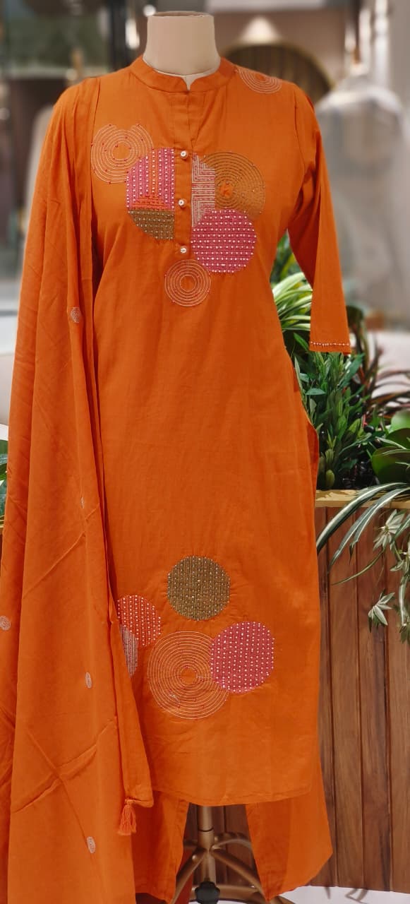 Elegant Cotton Suit Set with Multi-Coloured Circle Embroidery & Matching Dupatta and Bottom