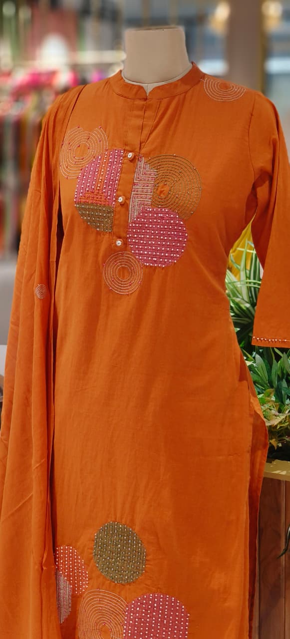 Elegant Cotton Suit Set with Multi-Coloured Circle Embroidery & Matching Dupatta and Bottom