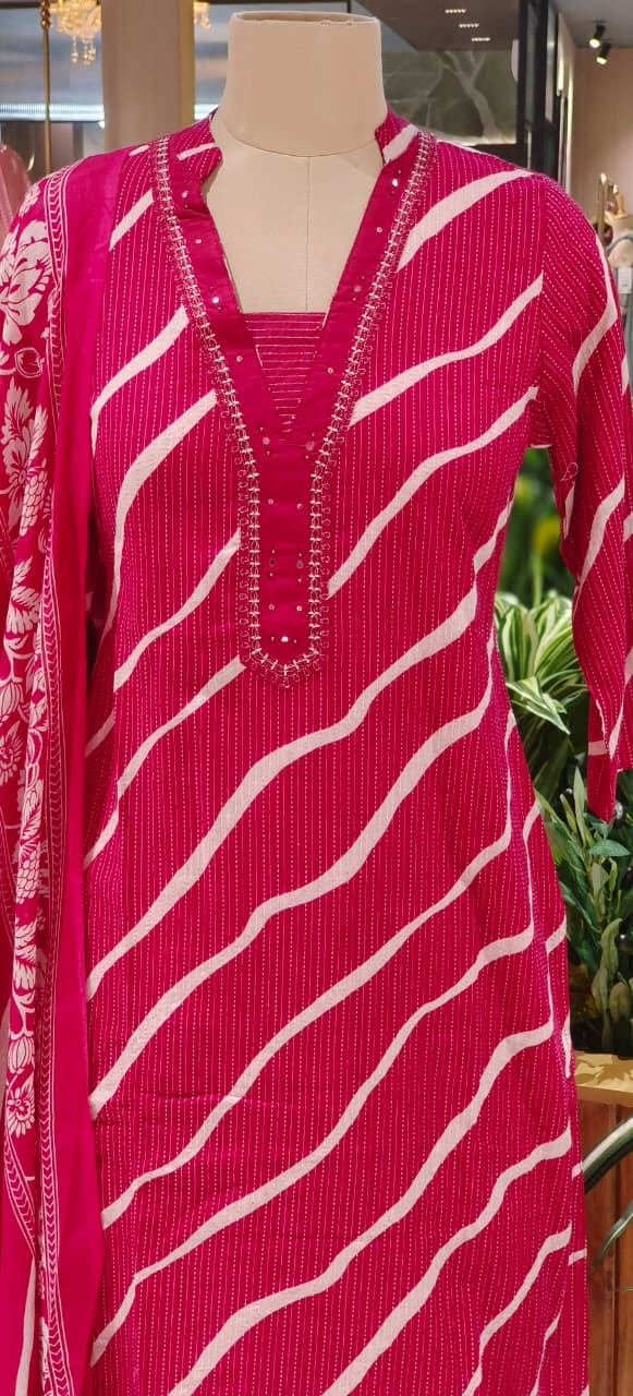 Lehriya Printex Cotton Bright Stripe Kurta Set with Floral Pant and Printed Border Dupatta