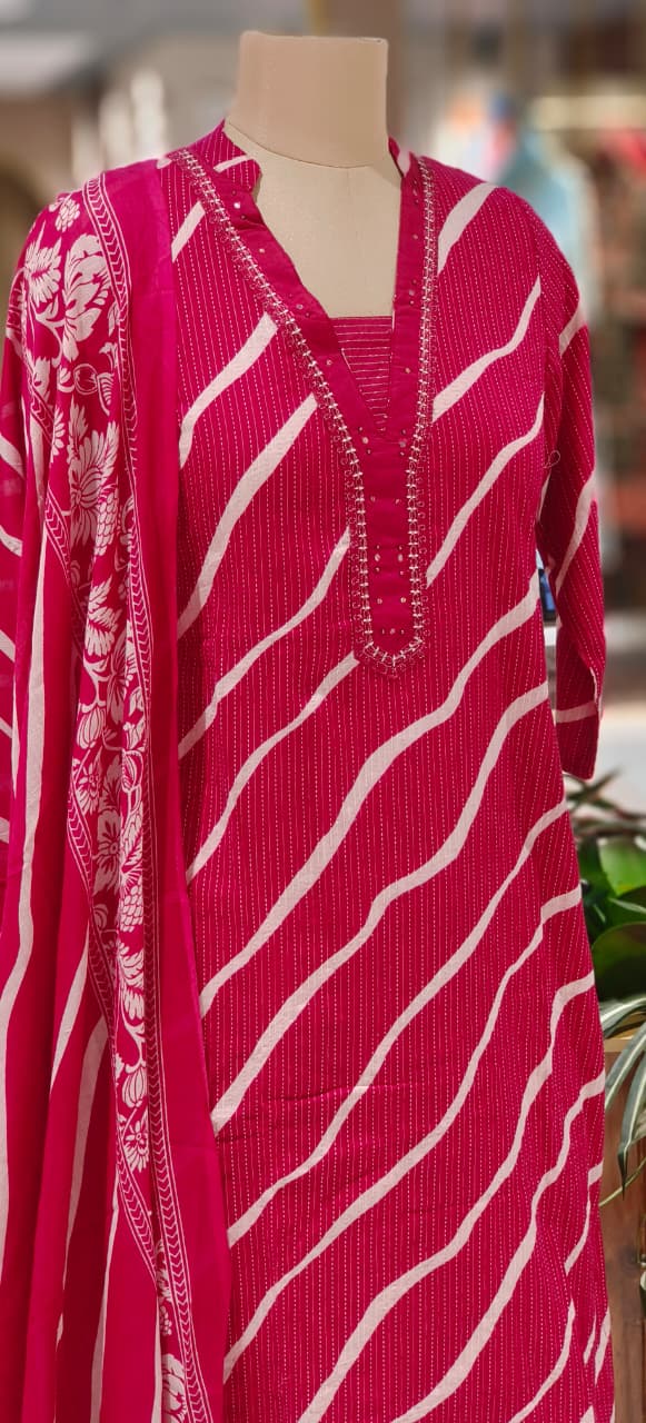 Lehriya Printex Cotton Bright Stripe Kurta Set with Floral Pant and Printed Border Dupatta