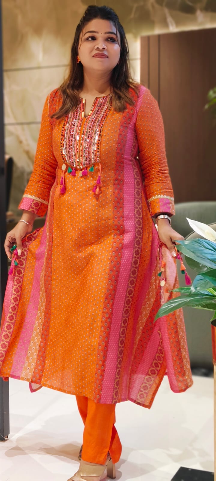 Vibrant Color Rajasthani Look High Low Tasseled Kurta Pant Set-12923,25,24