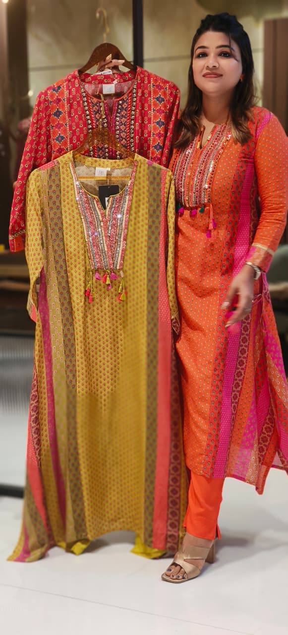 Vibrant Color Rajasthani Look High Low Tasseled Kurta Pant Set-12923,25,24