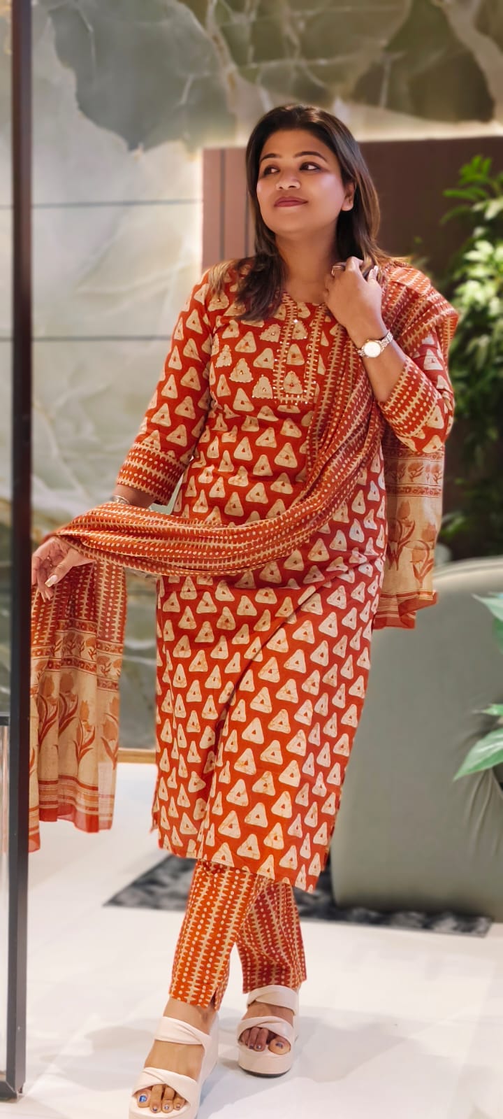 Hand Block Cotton Straight Kurta With Coordinated Printed Dupatta