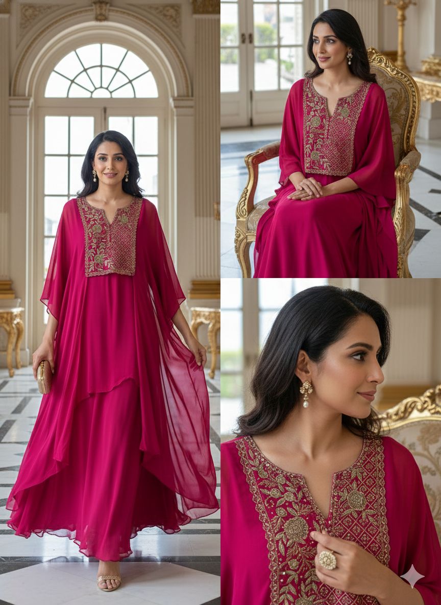 Heavily Worked Flowy Cape With Attached Buster With Layered Skirt Indo Western Wear Georgette fabric- 12146