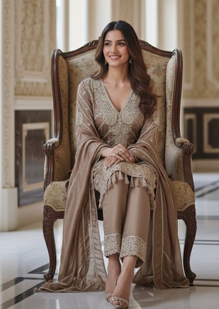 Antique Golden Rich Work Premium Tissue Short Length Kurta With Farsi Bottom & Dupatta- 12785