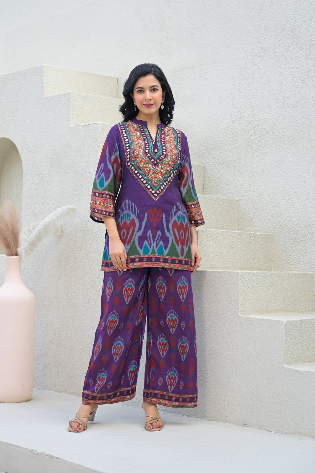 Graceful Ikkat Tiny Cut Dana Mandarin Collar Muslin Co-Ord Set